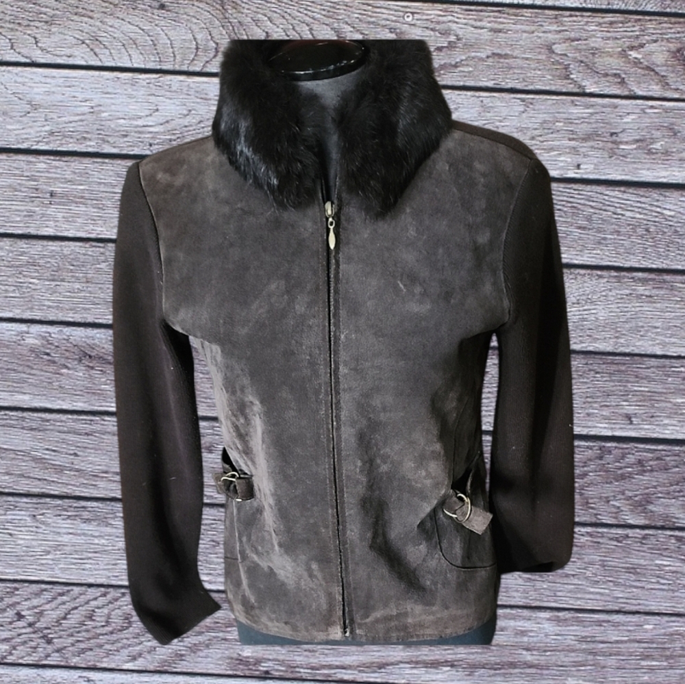 Women's Brown Suede Jacket with Faux Fur Collar